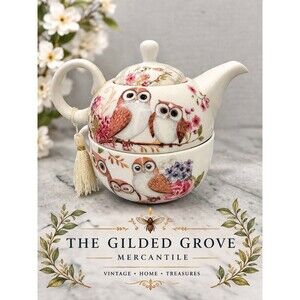 Summer River Owl Tea For One Teapot & Cup Set – Floral Design with Tassel